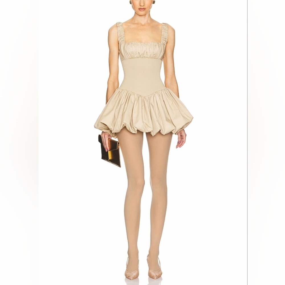 HELSA Rib Mix Puffy Mini Dress Khaki
